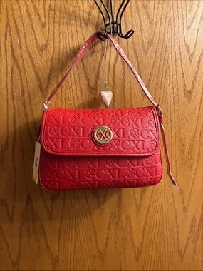 Christian Lacroix Red Embossed Shoulder Bag with Gold Medallion